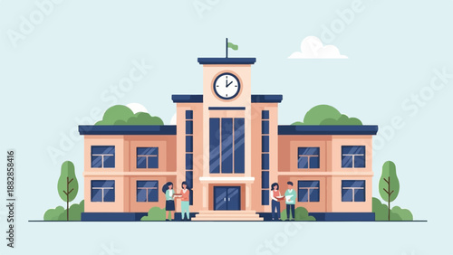 Flat illustration of a school building with people and trees