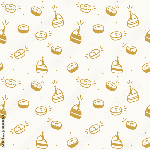 Gold doodles Happy Birthday, donuts and cake slices with candles, pattern festivale, dessert silhouettes on soft cream background.