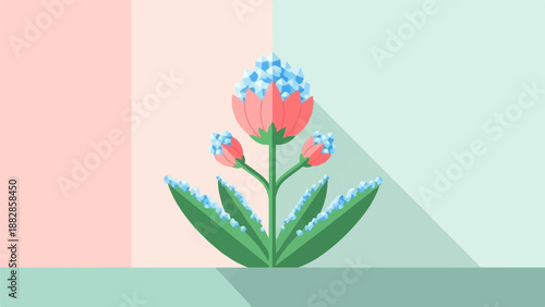 Flat illustration of a stylized pink flower with blue crystalline buds and green leaves