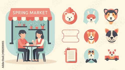 Flat illustration of a spring market with people, plants, and various animal icons