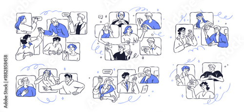 Video conference calls set. Online communication concept. Business teams, friends during virtual meeting, digital remote group gathering. Flat vector illustration isolated on white background