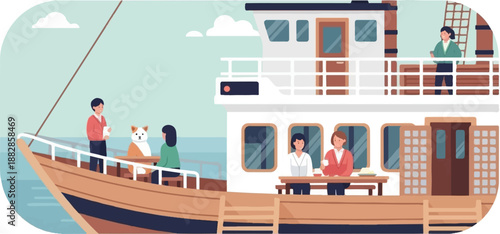 People and a dog enjoy a calm day on a boat