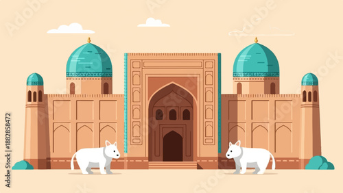 Flat illustration of a tan building with turquoise domes, featuring two white dogs