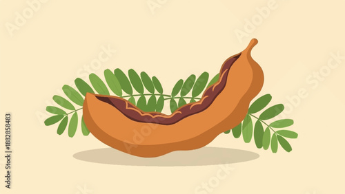 Flat illustration of a tamarind pod with green leaves on a light yellow background
