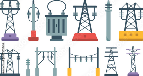 Electrical power distribution diagram illustration showing transformer transmission towers control panel cables grid infrastructure energy monitoring system