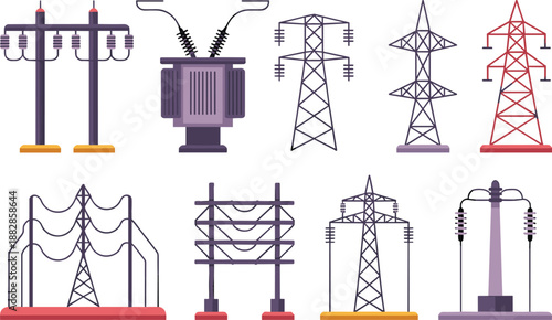 Electrical power substation illustration, high voltage transmission equipment, transformers pylons grid infrastructure, isometric energy distribution system design