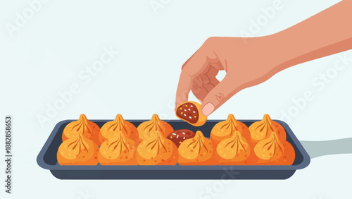 Hand picking a modak from a tray of delicious sweets