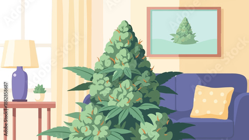 Indoor cannabis plant with artwork and furniture in a room setting