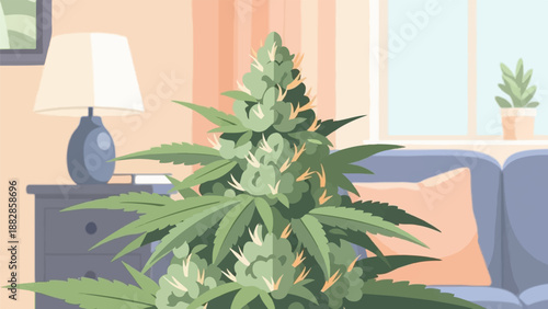 Indoor cannabis plant with soft furnishings and a table lamp