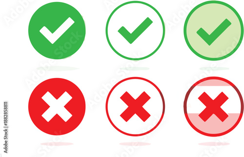 Adobe Illustrator rig and wrong vector icon set rounded colou black outline, flat rounded check mark, cross, x mark, circle-shape thin line tick mark symbol. Approval and rejection signs isolatArtwork