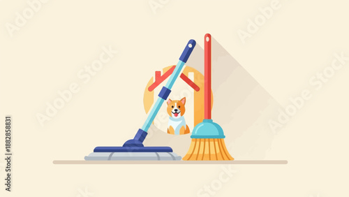 Flat illustration of cleaning tools and a happy dog inside a house outline