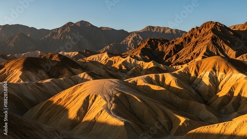 Sunlit rocky mountain range with jagged peaks