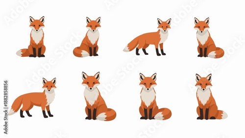 Multiple cartoon foxes in various poses and colors against a white background