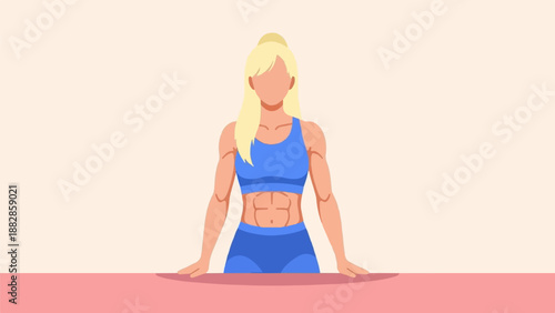 Muscular blonde woman in blue athletic wear, with defined abs