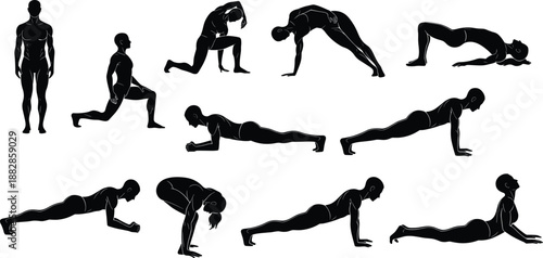 Set of fitness stretching and yoga exercise silhouettes, plank, lunge and bridge poses, black workout training vector collection isolated on white background.