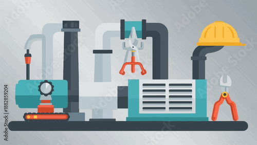 Industrial machinery with pipes, tools, and safety gear