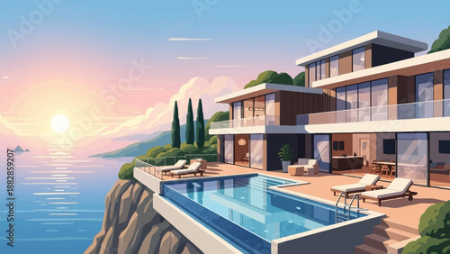 Luxury modern villa with infinity pool on cliff overlooking sea at sunset