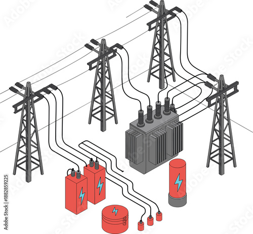 Electrical power distribution illustration featuring transformer transmission towers cables battery storage grid infrastructure energy system industrial concept design