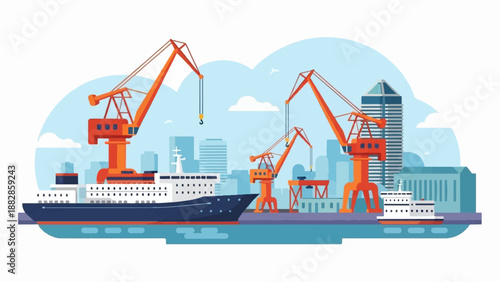 Industrial port with large cargo ships, cranes, and city skyline