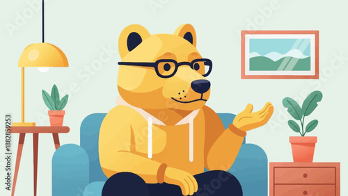 Friendly anthropomorphic bear in glasses and hoodie sits on couch