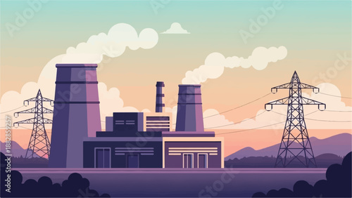 Industrial power plant with tall stacks and transmission towers at sunset