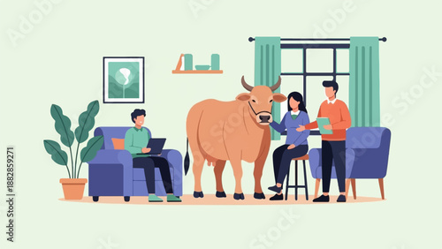 People and cow in a living room