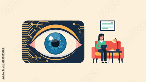 Futuristic eye with circuit board pattern and woman working on laptop