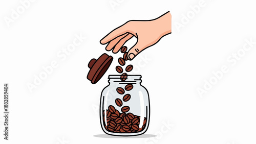 Hand pouring coffee beans into a glass jar with lid off