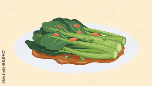 Fresh green leafy vegetables with sauce and topping on a plate