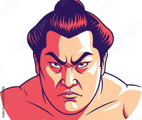Intense portrait of a sumo wrestler with a traditional topknot