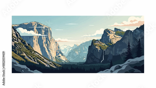Majestic mountain valley with towering cliffs and a distant waterfall