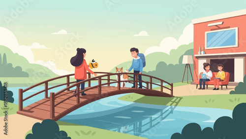 People and dog crossing bridge; two women with laptop on sofa