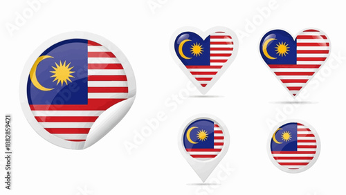 Malaysian flag graphics round sticker, heart, and map pin icons