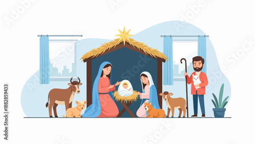 Nativity scene with figures, animals, and a shepherd in a stable