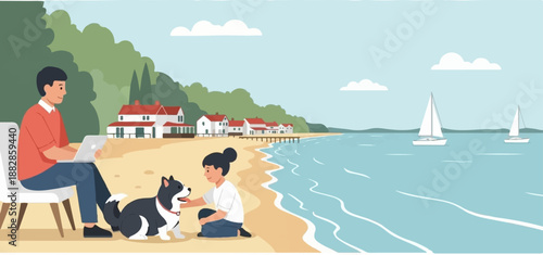 People and dog enjoy beachside with boats sailing in the distance