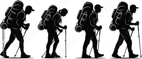Set of hiking backpacker silhouettes walking with trekking poles, black outdoor adventure traveler vector collection for camping, mountaineering and trail tourism isolated.