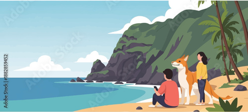 People and dog enjoy tropical beach with ocean and green cliffs