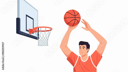Male athlete in orange uniform prepares to shoot a basketball at a hoop
