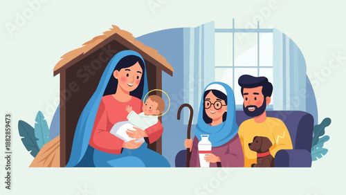 Nativity scene with Mary, Jesus, Joseph, and two women, one with a dog