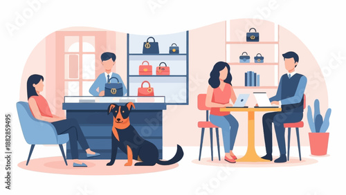 People and dog in a boutique, browsing accessories and using laptops