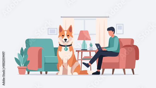 Man and dog relax indoors, one working on laptop