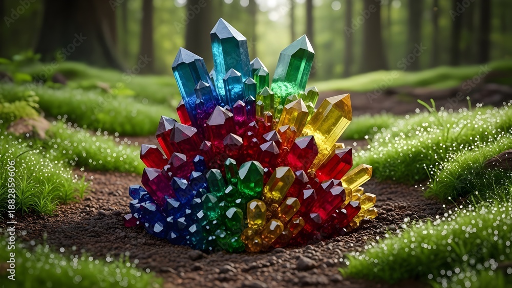 Fototapeta premium A vibrant cluster of colorful crystals nestled among lush greenery in a serene forest setting with soft natural lighting.