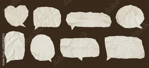 Isolated set of speech bubbles made from old crumpled paper with torn texture and wrinkled surface
