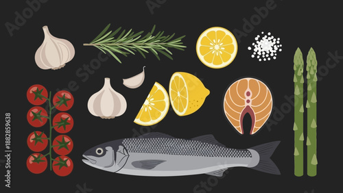 Fresh Seafood Ingredients Arranged on a Dark Background to Show Culinary Delights