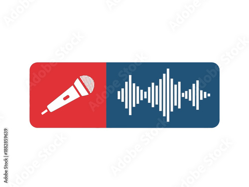 Microphone and sound wave audio representation icon with red and blue background