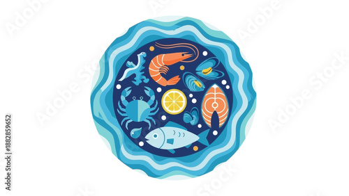 Fresh Seafood Platter With Artistic Display and Colorful Illustrations Perfect for Dining.