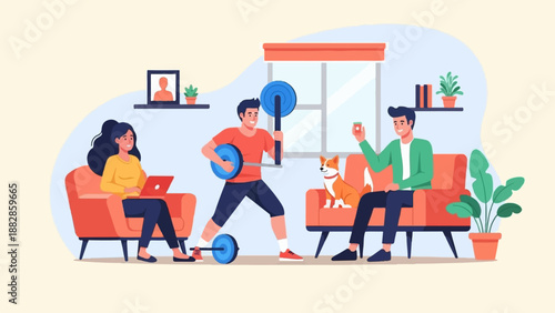 People and dog in a living room, one person exercises, another uses laptop