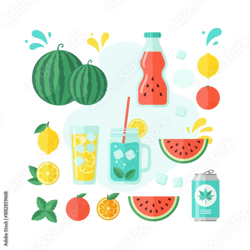 Fresh Summer Beverages and Fruits: A Vibrant Collection of Refreshing Drinks and Watermelon