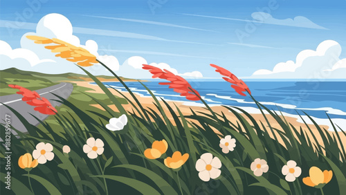 Gentle breeze sways coastal flora along a scenic seaside road