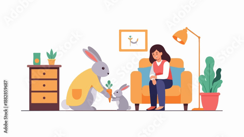 Gentle exchange of carrot between parent and child rabbits for a smiling woman